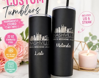 Kubek podróżny Nashville Tumbler z muzyką country, kubek pamiątkowy z Tennessee, prezent na wieczór panieński w stylu western, spersonalizowane naczynia do napojów z panoramą miasta