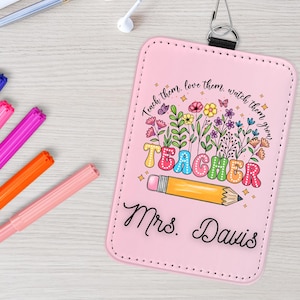 Personalized Teacher ID Badge Holder, Custom Teacher Leather ID Card Holder Teacher Back To School Gift, Custom Teacher Lanyard Accessories