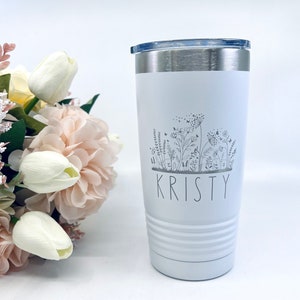 Personalized Wildflower Travel Mug – 20 oz Engraved Tumbler with Name – Floral Coffee Cup – Stainless Steel Insulated Mug – Custom Gift