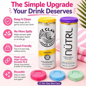 Puede incluir: La imagen muestra dos latas delgadas de hard seltzer, "White Claw Lemon" y "Nutrl Pineapple", junto con cuatro tapas de lata reutilizables en rosa, azul y verde. El texto dice "The Simple Upgrade Your Drink Deserves." Cada lata es de 355 ml.