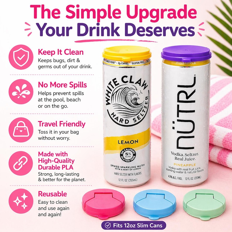 Puede incluir: La imagen muestra dos latas delgadas de hard seltzer, "White Claw Lemon" y "Nutrl Pineapple", junto con cuatro tapas de lata reutilizables en rosa, azul y verde. El texto dice "The Simple Upgrade Your Drink Deserves." Cada lata es de 355 ml.