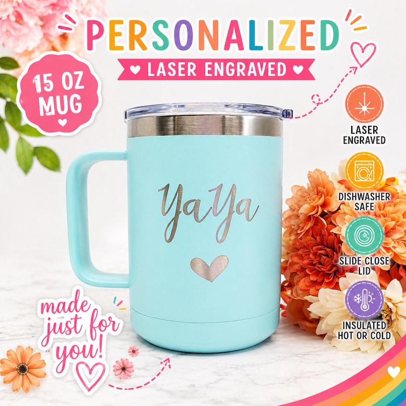 Personalized Yaya Coffee Mug, Custom Grandma Tumbler, 15 oz Engraved Travel Cup, Gift for Yaya, Grandmother Birthday or Mothers Day Gift