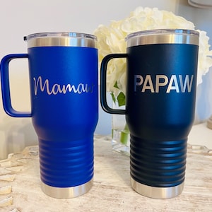 Grandma and Grandpa Travel Mugs, Travel Tumblers, Insulated Coffee Mug with Handle, Personalized Travel Cups
