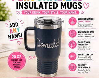 Custom Coffee Mug, Personalized Insulated Travel Mug with Handle, 20oz