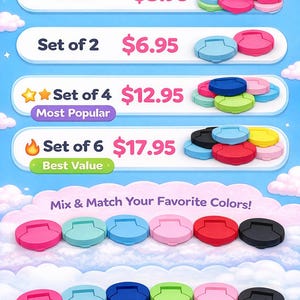 Puede incluir: Imagen promocional con el texto "Bundle & Save!" y "Mix & Match Your Favorite Colors!". Muestra varias opciones de color de un producto, con precios para diferentes tama&ntilde;os de conjuntos. El producto parece ser una peque&ntilde;a cubierta redonda.