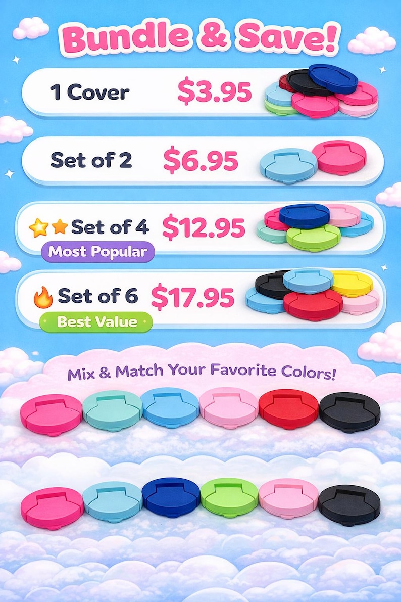 Puede incluir: Imagen promocional con el texto "Bundle & Save!" y "Mix & Match Your Favorite Colors!". Muestra varias opciones de color de un producto, con precios para diferentes tama&ntilde;os de conjuntos. El producto parece ser una peque&ntilde;a cubierta redonda.