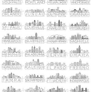 Pu&ograve; includere: Una collezione di illustrazioni in bianco e nero a tratto che raffigurano vari skyline di citt&agrave; americane. Ogni grafica presenta il nome di una specifica citt&agrave; stampato in un carattere sans-serif sotto la corrispondente silhouette architettonica.