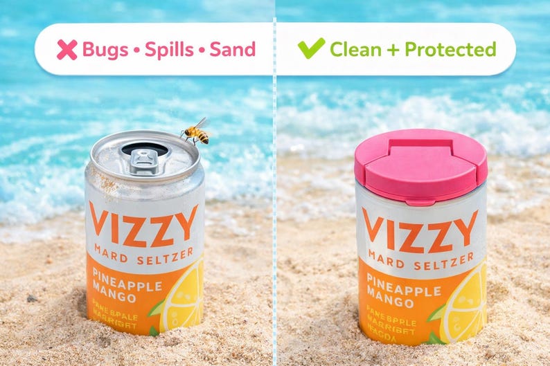 Puede incluir: La imagen muestra dos latas de VIZZY Hard Seltzer en una playa arenosa. Una lata est&aacute; abierta con una abeja, la otra cerrada con una tapa rosa. Las latas est&aacute;n etiquetadas como "Pi&ntilde;a Mango". El texto superior dice "Bugs Spills Sand" y "Clean + Protected".