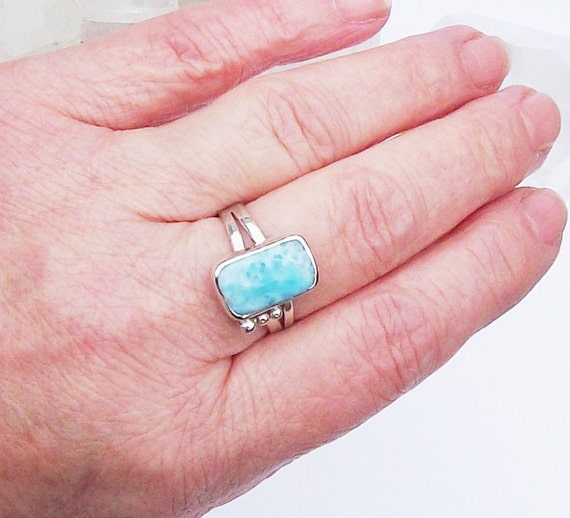 silver beaded design ring ladies larimar jewellery gift. stunning colour Solid Sterling silver Larimar ring