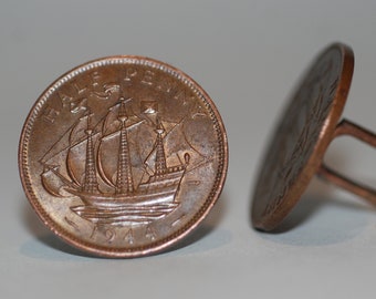 1950s-'60s era English Half Penny Cuff Links 1944 1942 -- Free US Shipping!