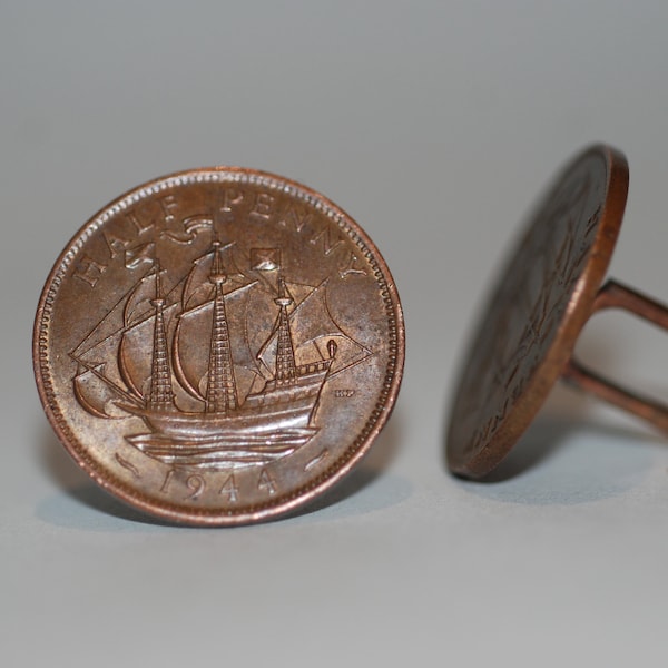 1950s-'60s era English Half Penny Cuff Links 1944 1942 -- Free US Shipping!