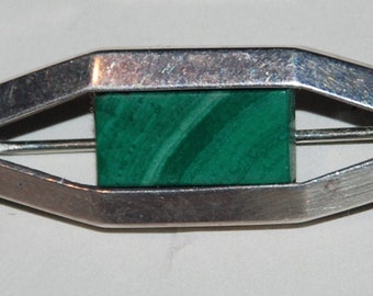 Vintage 1970s Era Sterling Silver Malachite Modernism Pin -- Free USA Shipping!