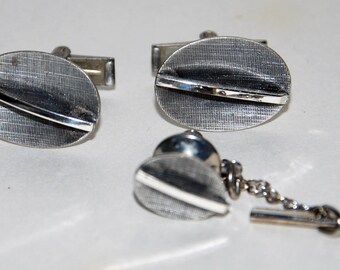 1950s-’60s Era Sterling Silver Mid Century Modern Cuff Links & Tie Tack Set -- Free US Shipping!