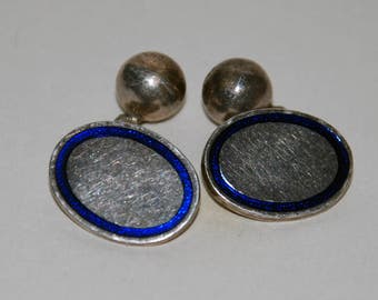 1980s Era Sterling Silver and Enamel Classic Oval Cuff Links -- Free US Shipping!