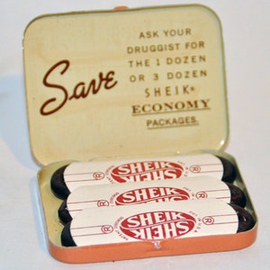 1950s Era Sheik Condom Tin Old Store Stock. Tin is in great condition, contents, not so much. Free US Shipping image 4