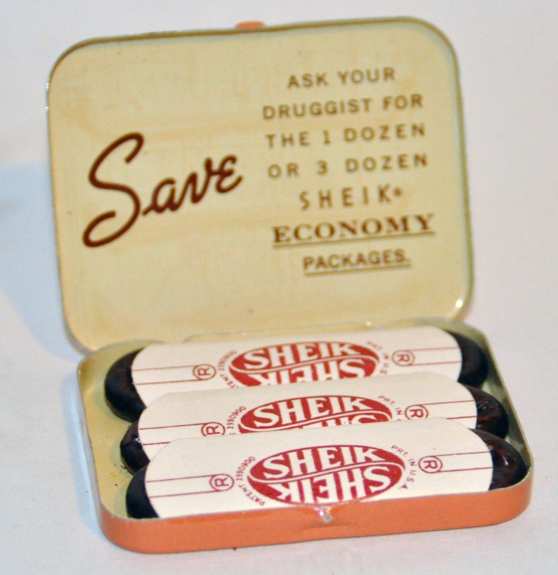 1950s Era Sheik Condom Tin Old Store Stock. Tin is in great condition, contents, not so much. Free US Shipping image 4