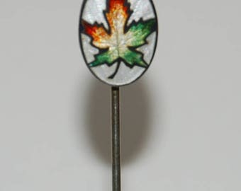 1930s-'50s era Sterling Silver and Guilloché Enamel Maple Leaf Stick Pin -- Free US Shipping