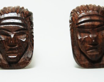 Vintage 1930s-'40s Carved Wood Dress Clips Native American in Feathered Bonnet --  Free USA Shipping!