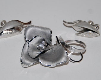 Vintage 1950s Sterling Silver Bond Boyd Pin and Earrings Floral Spray -- Free USA Shipping!