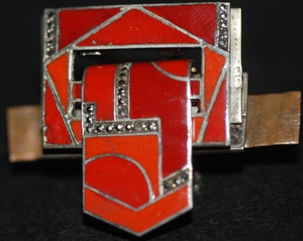 Vintage 1920s-'30s Art Deco Era Sterling Silver Enamel and Marcasite Purse Clasp Germany --  Free USA Shipping!