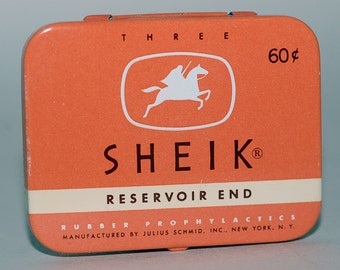 1950s Era Sheik Condom Tin Old Store Stock. Tin is in great condition, contents, not so much. Free US Shipping!