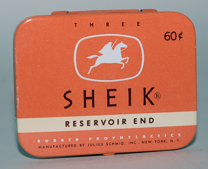 1950s Era Sheik Condom Tin Old Store Stock. Tin is in great condition, contents, not so much. Free US Shipping image 1