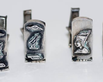 Mid Century Silver Cufflinks Egyptian Hieroglyphic motif, two pair-- Free US Shipping!