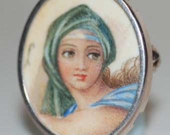 Vintage Italy 800 Silver Brooch Pendant Mary Madonna Hand Painted-- Free USA Shipping!