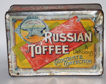 Vintage 1900s Anvil Brand Russian Toffee Tin  --  Free USA Shipping!