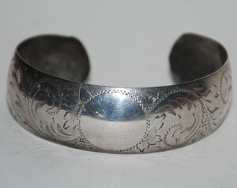 Vintage 1940s-'50s Engraved Silver Cuff Bracelet -- Free USA Shipping!