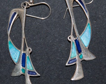 Vintage 1980s Era Sterling Silver Enamel Earrings by Pat Cheney PPC-- Free USA Shipping!