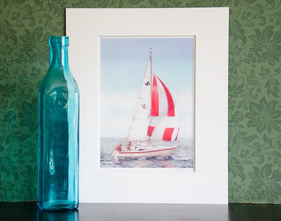 Barca A Vela Di Disegno Stampa Del Disegno A Matita Colorata Originale Montata