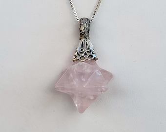 Rose Quartz Merkaba pendant, Carved Merkaba Crystal Star Tetrahedron Necklace, Sacred Geometry, Unique Jewelry, Healing Crystal Rose Merkaba