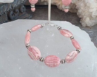 Juego de pulseras y pendientes de plata de ley y piedras preciosas de cristal de rodocrosita "Pretty in Pink", pulseras y pendientes de piedras preciosas, joyas de rodocrosita
