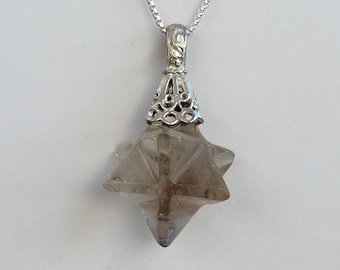 Smokey Quartz Merkaba, Carved Merkaba Crystal Star Tetrahedron Necklace, Sacred Geometry, Unique Jewelry Healing Crystal Smokey Merkaba Star