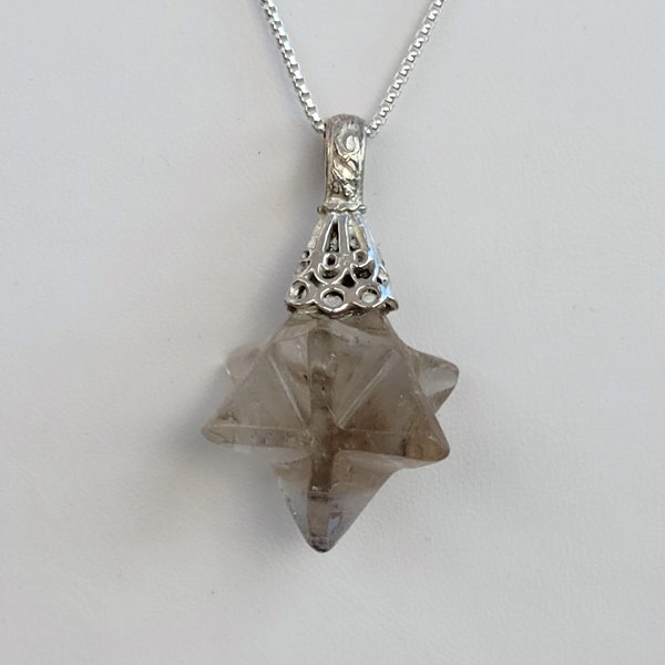 Smokey Quartz Merkaba, Carved Merkaba Crystal Star Tetrahedron Necklace, Sacred Geometry, Unique Jewelry Healing Crystal Smokey Merkaba Star