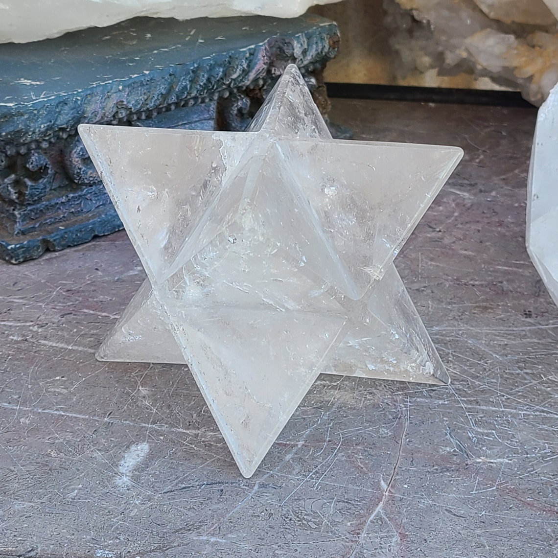 Large Carved Quartz Rainbow Crystal Star Tetrahedron
