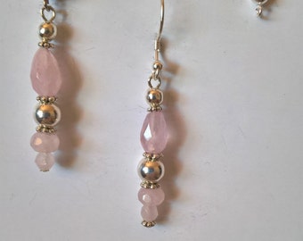 Rose Quartz Crystal Gemstone and Balinese Sterling Silver Earrings