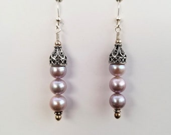 Pearl Gemstone & Balinese Sterling Silver "Pink Champagne" Earrings