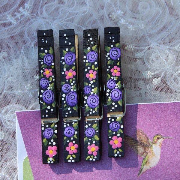 Hand painted set of 4 black clothespins with flowers, handpainted set of four floral clothes pins, purple pink flowers wooden chip clips