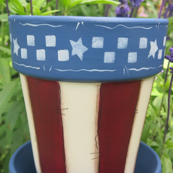 Painted 4" Patriotic clay pot and saucer, painted terra cotta planter, red white blue pot, flower pot, USA holiday, house plant container
