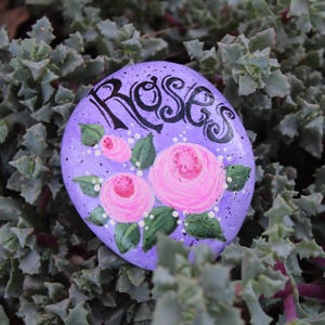 Hand-Painted Roses Rock: Lavender Garden Art, Plant Marker