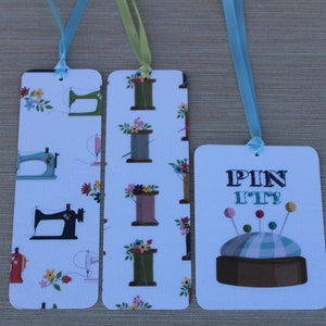 Set of 3 laminated Sewing bookmarks, three laminate seamstress book marks, 2 sided cardstock paper, Sewing machine,