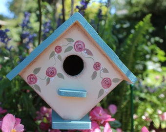 Birdhouse, hand painted wood blue cream bird house, Garden Decor, Handpainted pink Roses, Yard art, Outdoor Decoration, Hanging Wooden patio