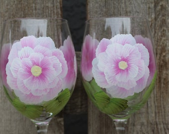 Hand painted set pink white flowers on wine glasses, 2 handpainted Roses wine glass, two stemmed floral drinking glasses, party bar glasses