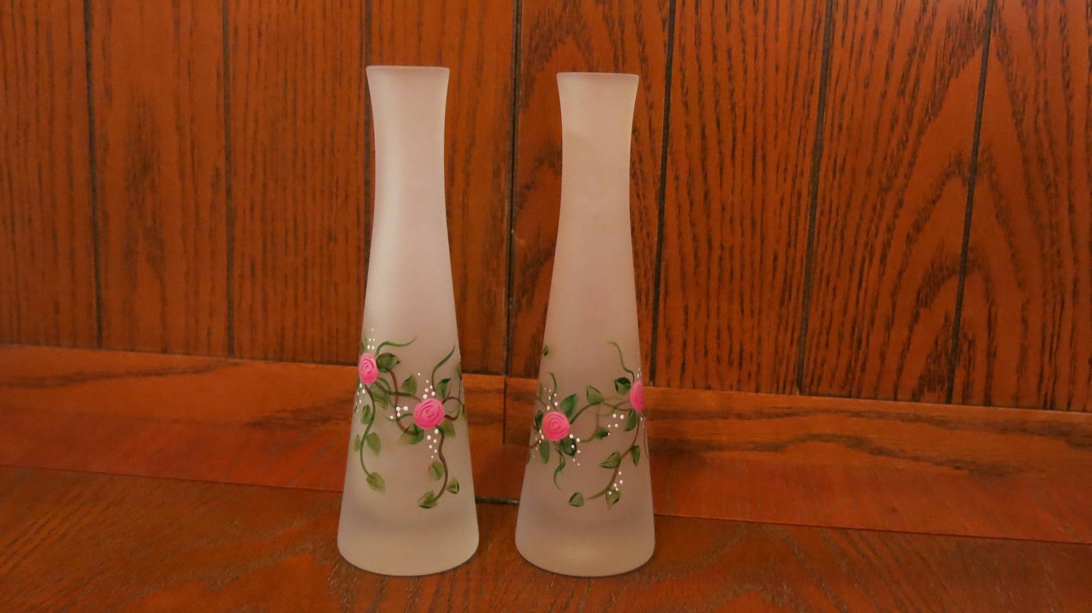 Set of 2 hand painted Frosted Vases Pair of Hand Painted Pink Etsy