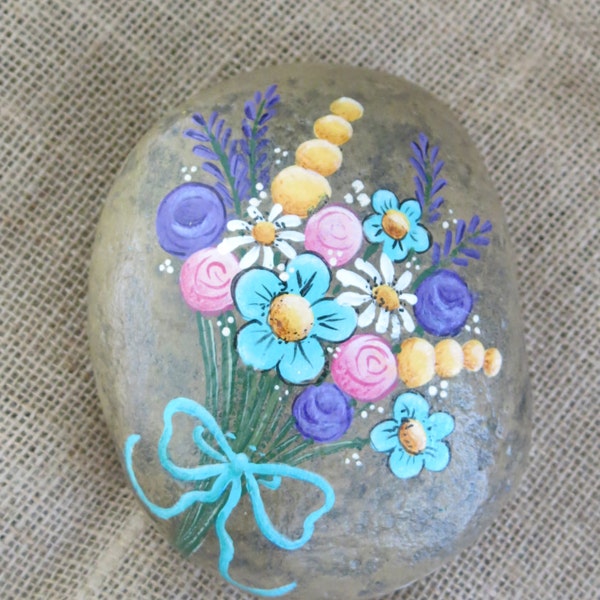 Garden Rock, Painted Bouquet of Flowers, Pink Roses, Lavender and Daisies, Garden Decoration