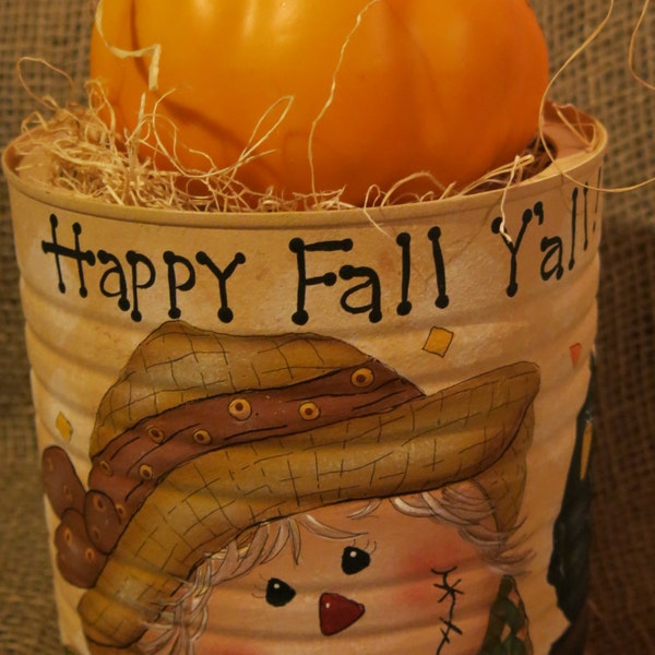 Painted Coffee Can Scarecrow with pumpkin, Happy Fall Y'all