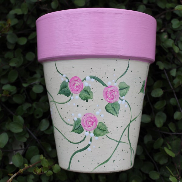 Pink flower pot, hand painted terra cotta, handpainted roses clay pot, rose vine claypot, 5 inch tall potted plant container, pink and cream