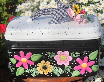 Vintage train case with flowers, hand painted black white floral upcycled box, cosmetic suitcase for garden supply, seeds and tool storage